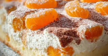 Schmandkuchen mit Mandarinen auf einem Teller serviert