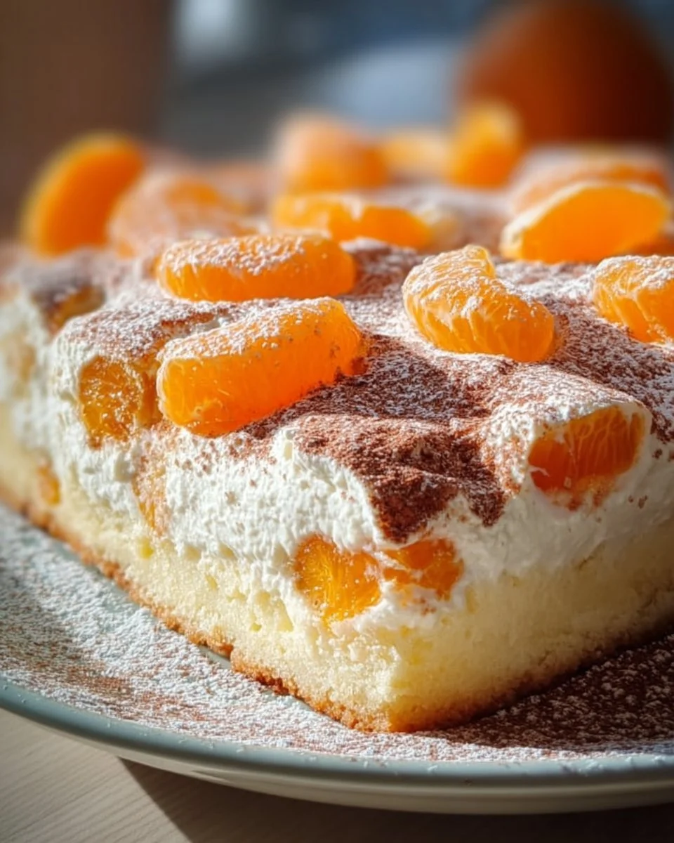 Schmandkuchen mit Mandarinen auf einem Teller serviert