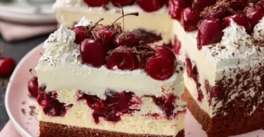 Schwarzwälder Kirschtorte vom Blech mit Kirschen und Sahne verziert