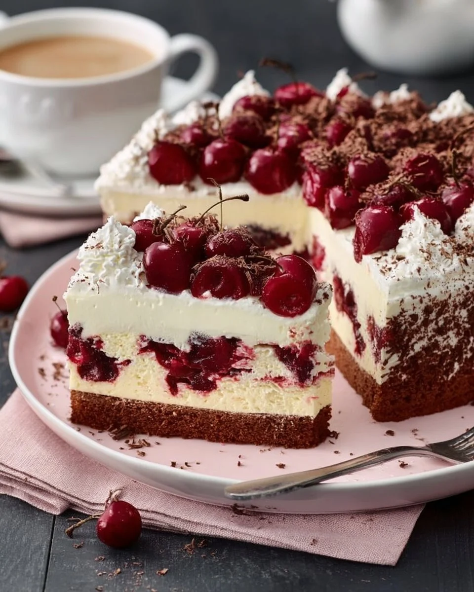 Schwarzwälder Kirschtorte vom Blech mit Kirschen und Sahne verziert
