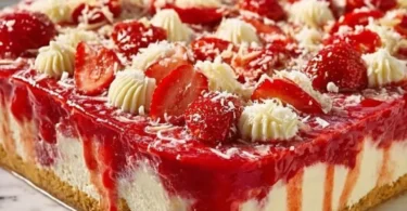 Spaghettieis-Blechkuchen mit Sahne und Schokolade dekoriert