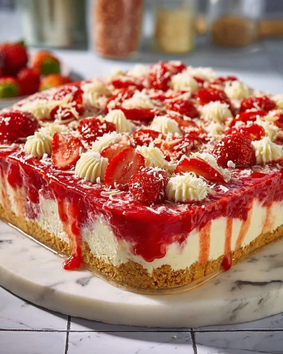 Spaghettieis-Blechkuchen mit Sahne und Schokolade dekoriert