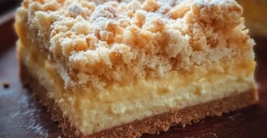 Streuselkuchen mit Pudding auf einem Teller, garniert mit Streuseln