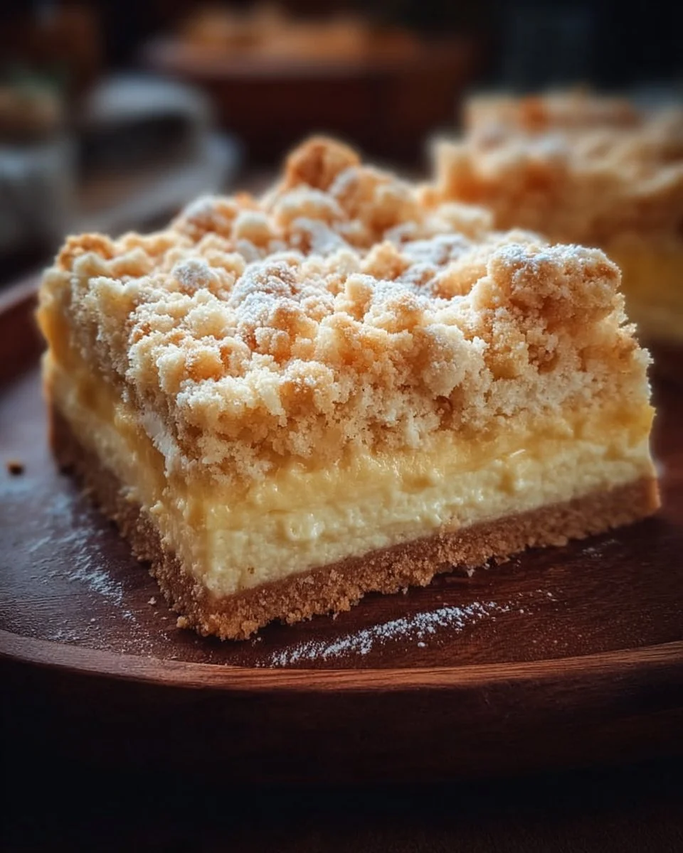 Streuselkuchen mit Pudding auf einem Teller, garniert mit Streuseln