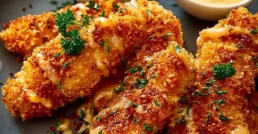 Krosse Airfryer-Hähnchenstreifen auf einem Teller serviert.