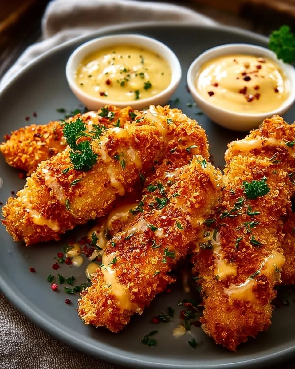 Krosse Airfryer-Hähnchenstreifen auf einem Teller serviert.