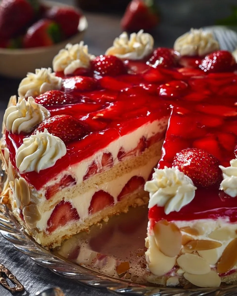 Ansprechender Erdbeerkuchen mit frischen Erdbeeren und Sahnefüllung.