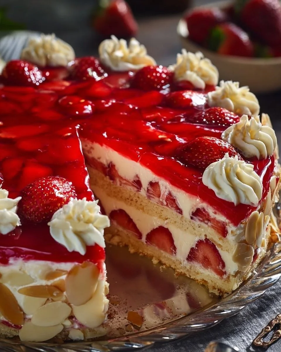 The title "Das weltbeste Erdbeerkuchen Rezept" is already in German. It translates to "The world's best strawberry cake recipe" in English.