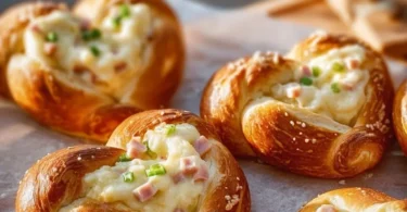 Überbackene Brezeln mit Schmand, Schinken und Käse auf einem Teller