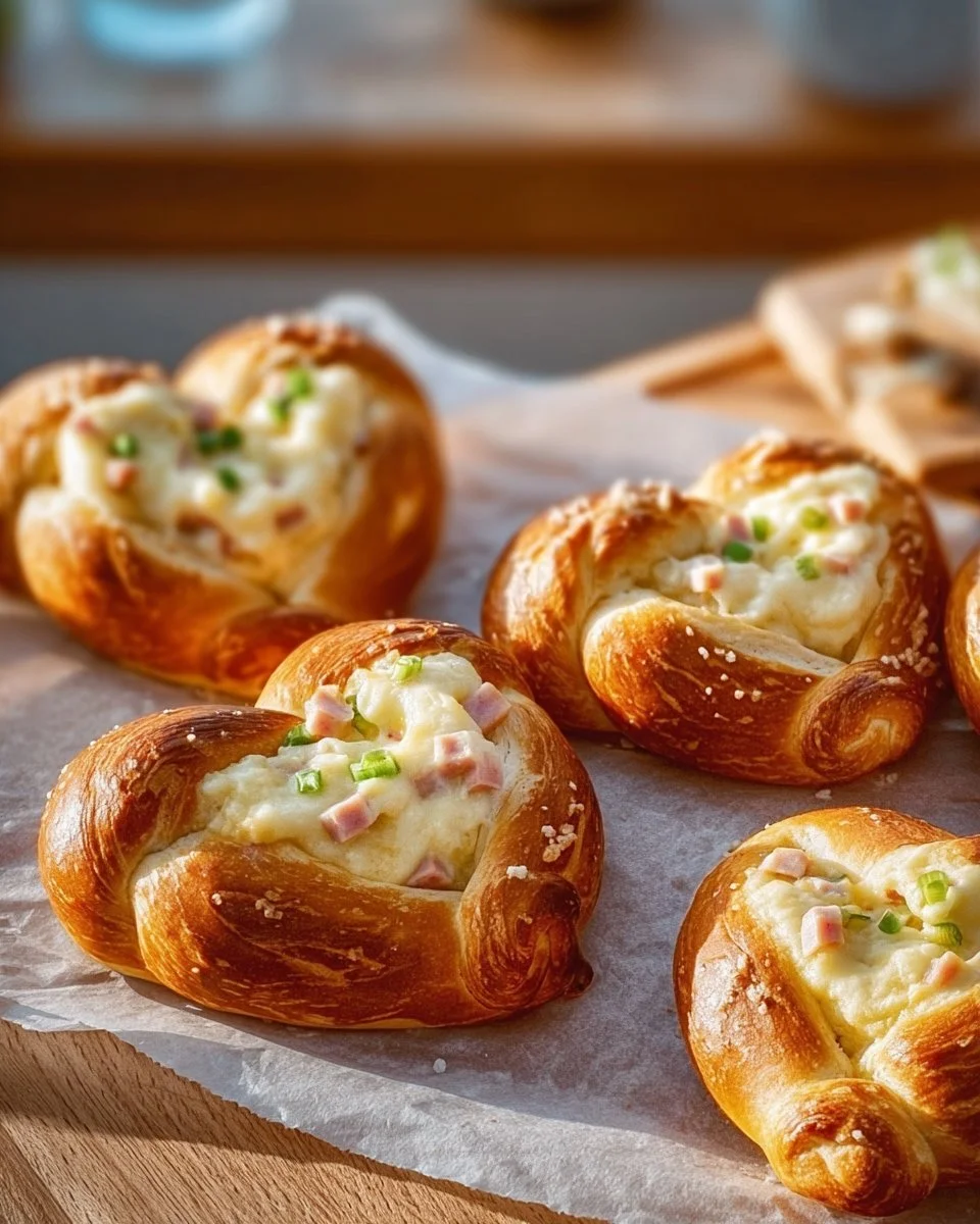 Überbackene Brezeln mit Schmand, Schinken und Käse auf einem Teller