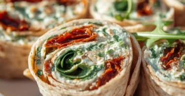 Vegetarische Wrap-Röllchen gefüllt mit Rucola und Tomaten auf einem Teller
