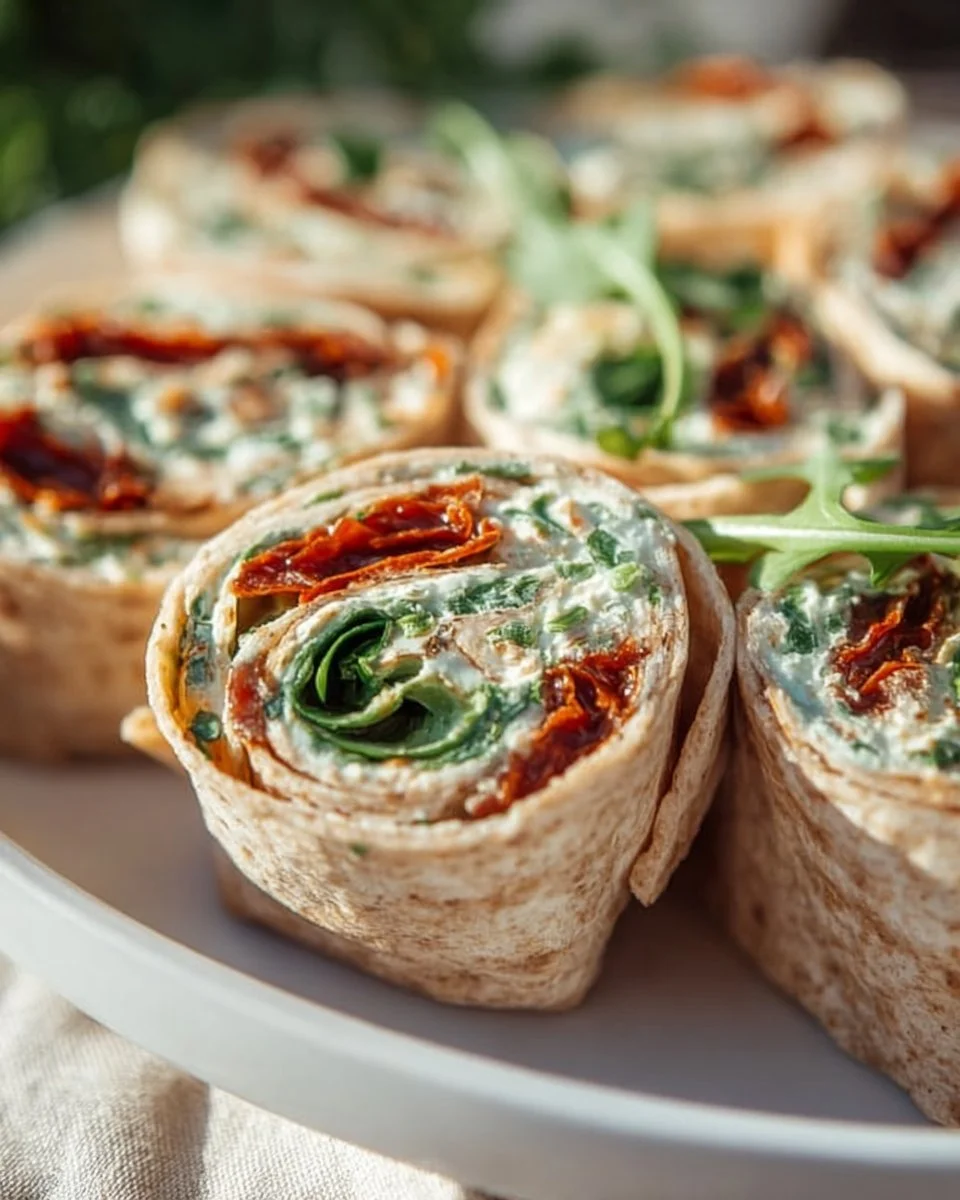 Vegetarische Wrap-Röllchen gefüllt mit Rucola und Tomaten auf einem Teller
