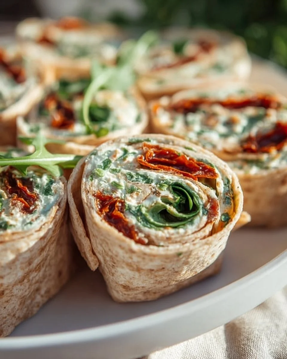 Vegetarische Wrap-Röllchen mit Rucola und Tomaten