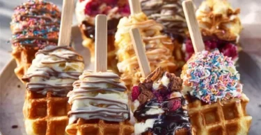Köstliche Waffeln am Stiel mit verschiedenen Toppings