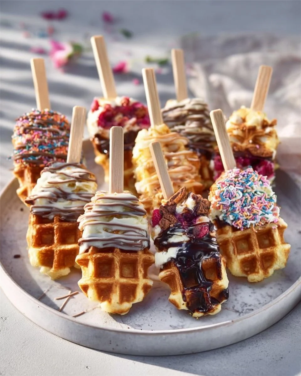 Köstliche Waffeln am Stiel mit verschiedenen Toppings