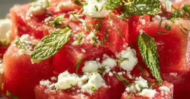 Wassermelonen-Feta-Salat mit frischen Zutaten in einer Schüssel