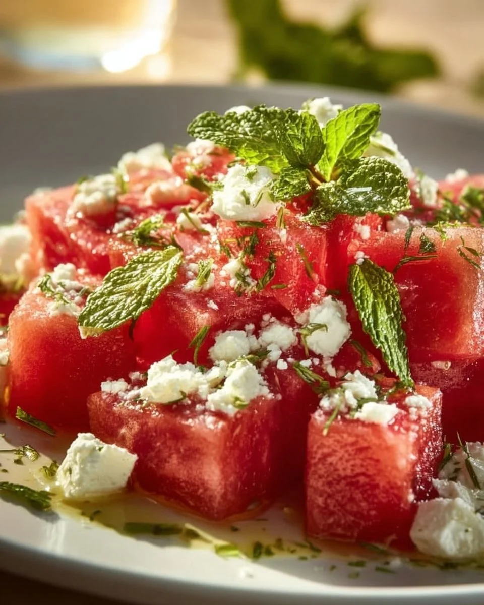 Wassermelonen-Feta-Salat mit frischen Zutaten in einer Schüssel