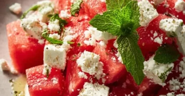 Wassermelonen Feta Salat mit Minze auf einem Teller angerichtet