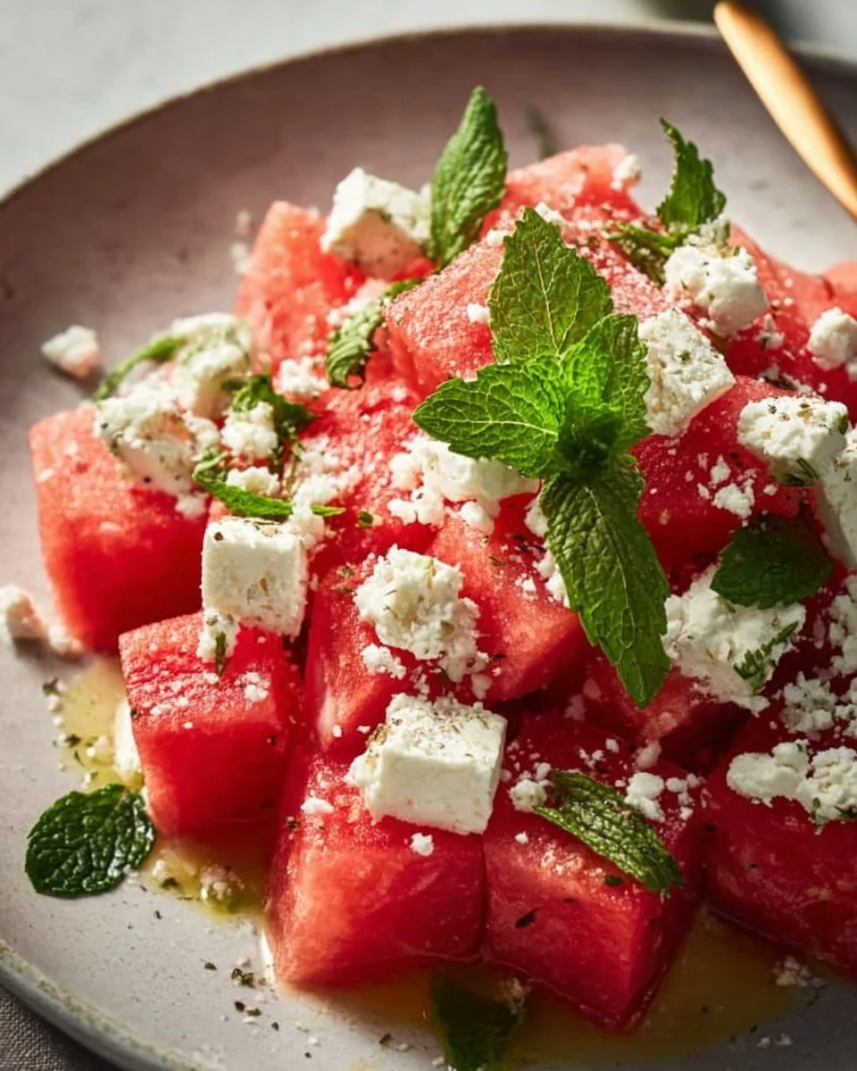 Wassermelonen Feta Salat mit Minze auf einem Teller angerichtet