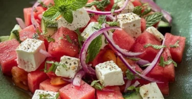 Erfrischender Wassermelonen-Feta-Salat mit Minze in einer Schüssel