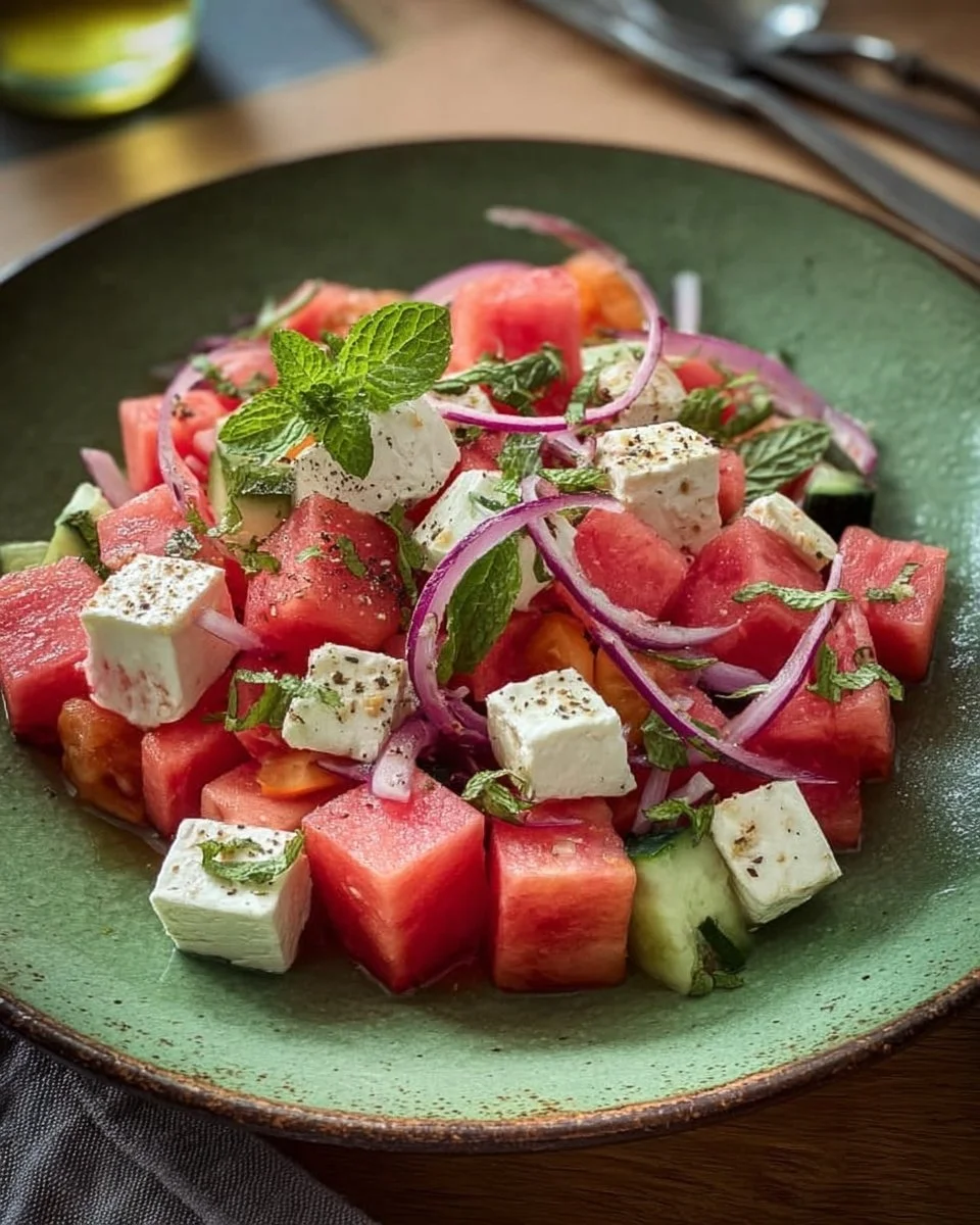 Erfrischender Wassermelonen-Feta-Salat mit Minze in einer Schüssel