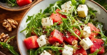 Wassermelonen-Feta-Salat mit Rucola auf einem Teller