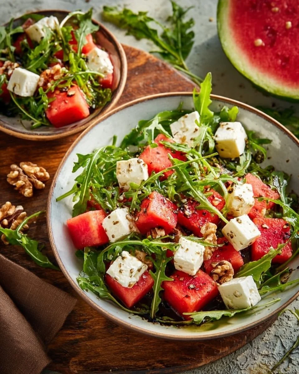 Wassermelonen-Feta-Salat mit Rucola auf einem Teller