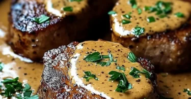 Zarte Schweinemedaillons in Senf-Sahnesauce serviert mit Beilagen