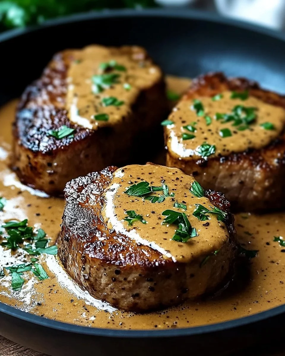 Zarte Schweinemedaillons in Senf-Sahnesauce serviert mit Beilagen