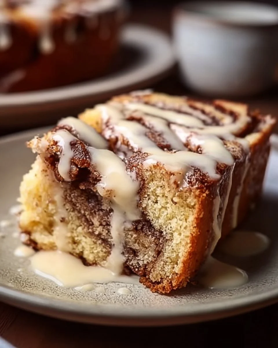 Leckeres Stück Zimtkuchen auf einem Teller mit Zimtstangen.