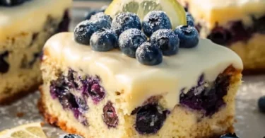 Zitronen-Blaubeer-Kuchen mit Cheesecake-Topping auf einem Holztisch serviert