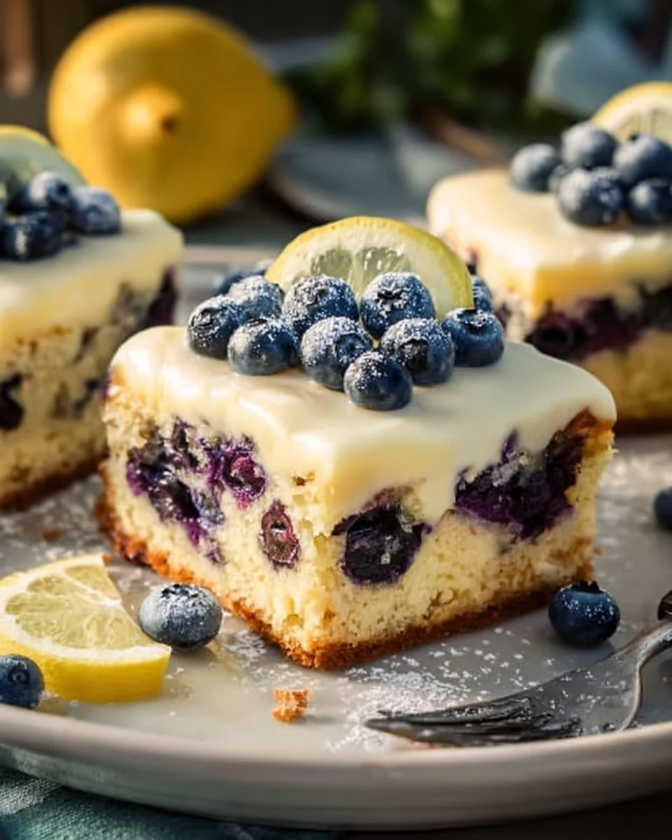 Zitronen-Blaubeer-Kuchen mit Cheesecake-Topping auf einem Holztisch serviert