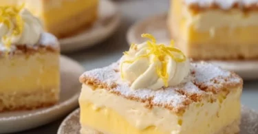 Zitronen-Butterkeks-Kuchen auf einem Teller, dekoriert mit Zitronenscheiben