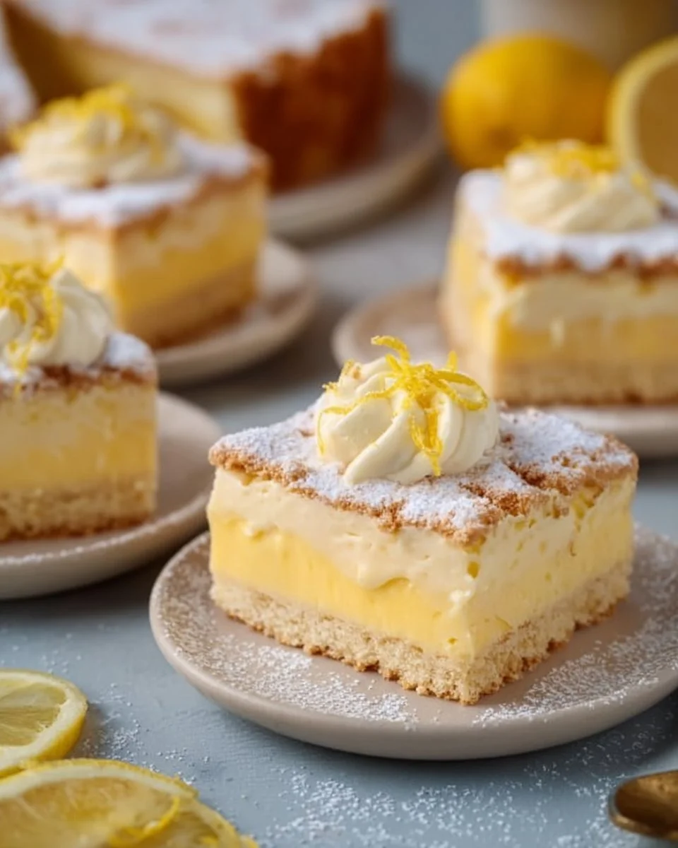 Zitronen-Butterkeks-Kuchen auf einem Teller, dekoriert mit Zitronenscheiben
