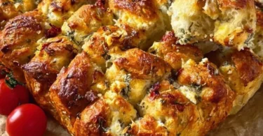 Zupfbrot mit getrockneten Tomaten, Feta und Mozzarella auf einem Holzbrett