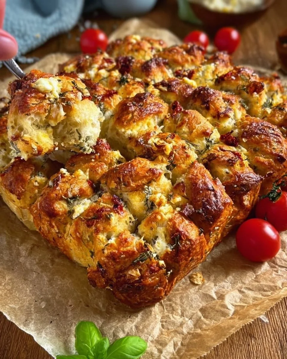 Zupfbrot mit getrockneten Tomaten, Feta und Mozzarella