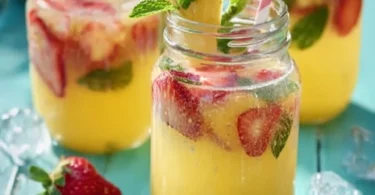 Erfrischende Ananas-Erdbeer-Bowle in einem Glas serviert