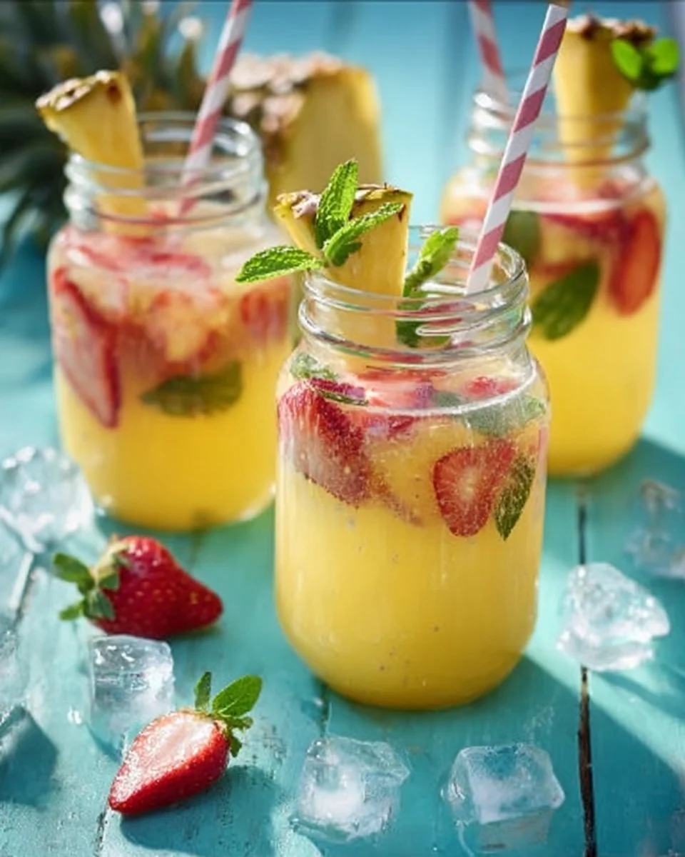 Erfrischende Ananas-Erdbeer-Bowle in einem Glas serviert