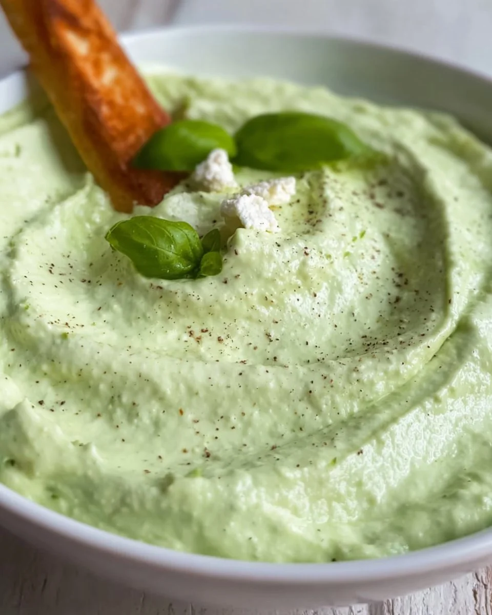 Avocado-Feta-Dip in einer Schüssel, garniert mit frischen Kräutern