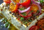 Baked sheep cheese Greek style dish with herbs and spices