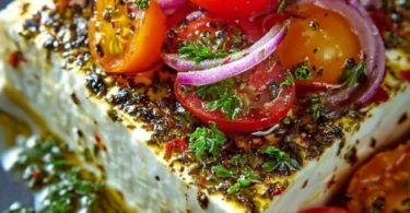 Baked sheep cheese Greek style dish with herbs and spices