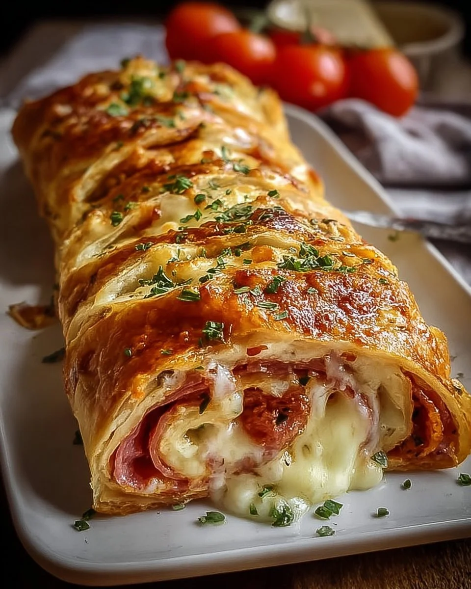 Leckeres Blätterteig-Stromboli mit zahlreichen Füllungen auf einem Tisch angerichtet