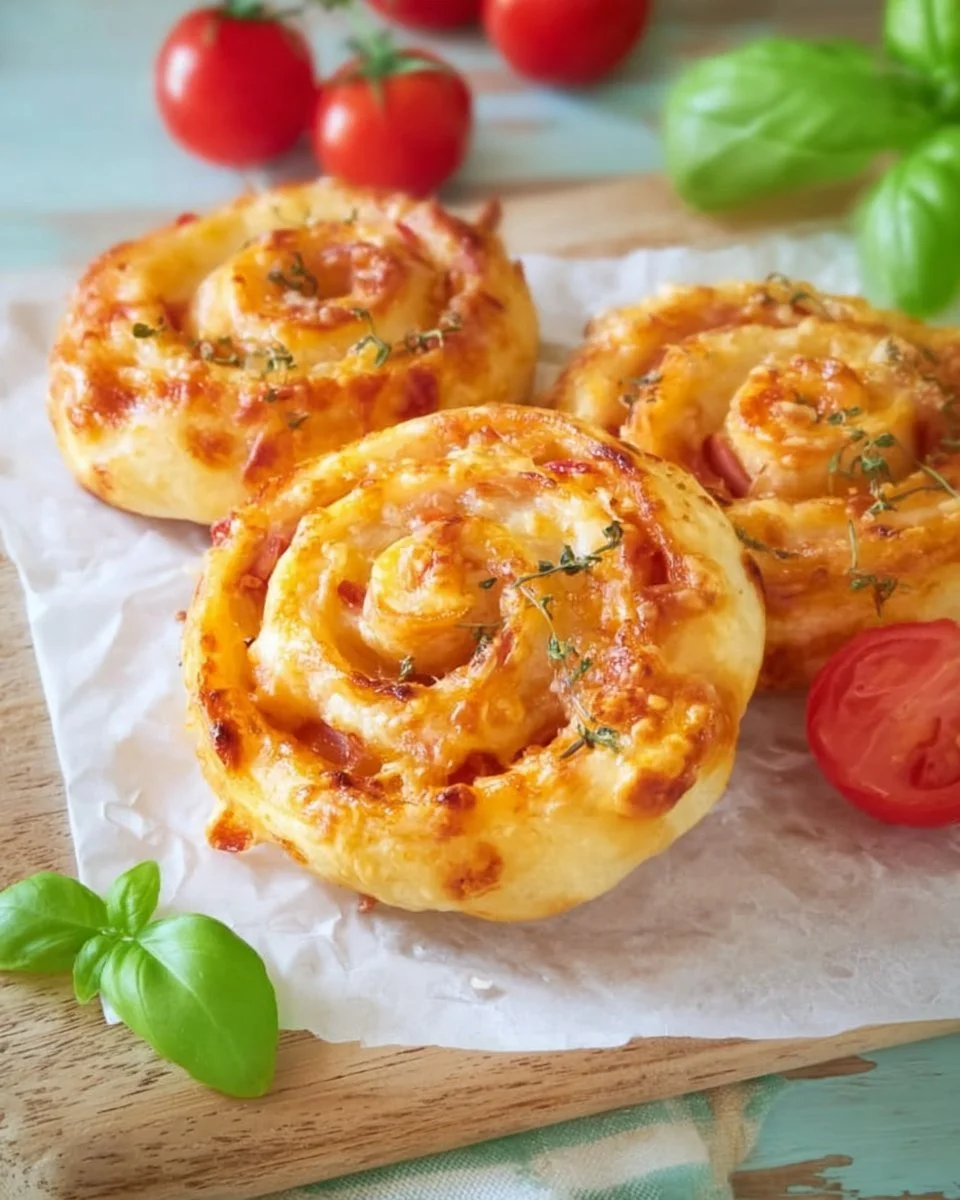 Vegetarische Blätterteigschnecken auf einem Teller, ideal für Snacks oder Partys.