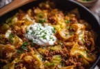 Spitzkohl-Hackfleisch-Pfanne mit frischem Gemüse und Gewürzen
