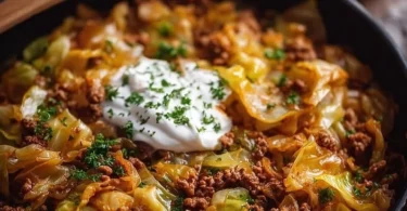 Spitzkohl-Hackfleisch-Pfanne mit frischem Gemüse und Gewürzen