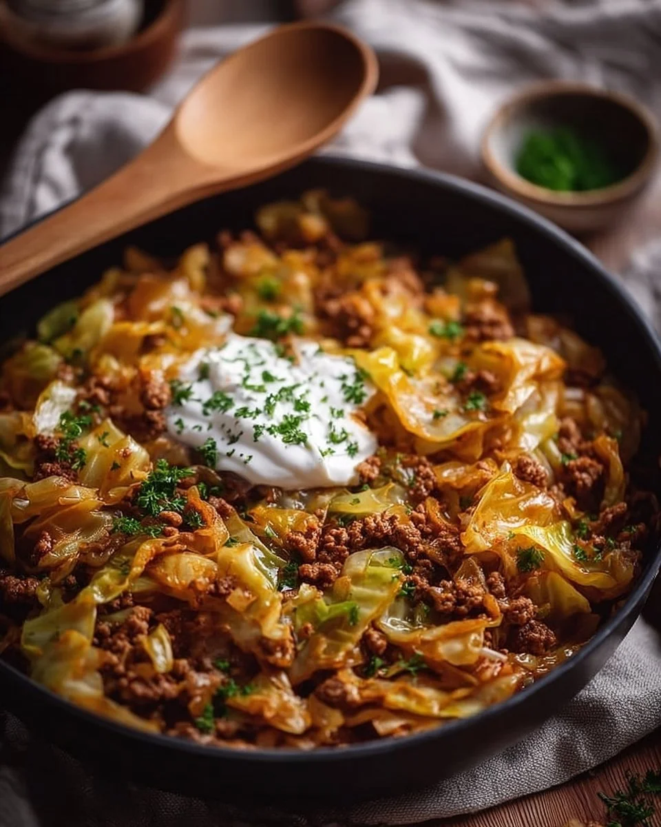 Spitzkohl-Hackfleisch-Pfanne mit frischem Gemüse und Gewürzen