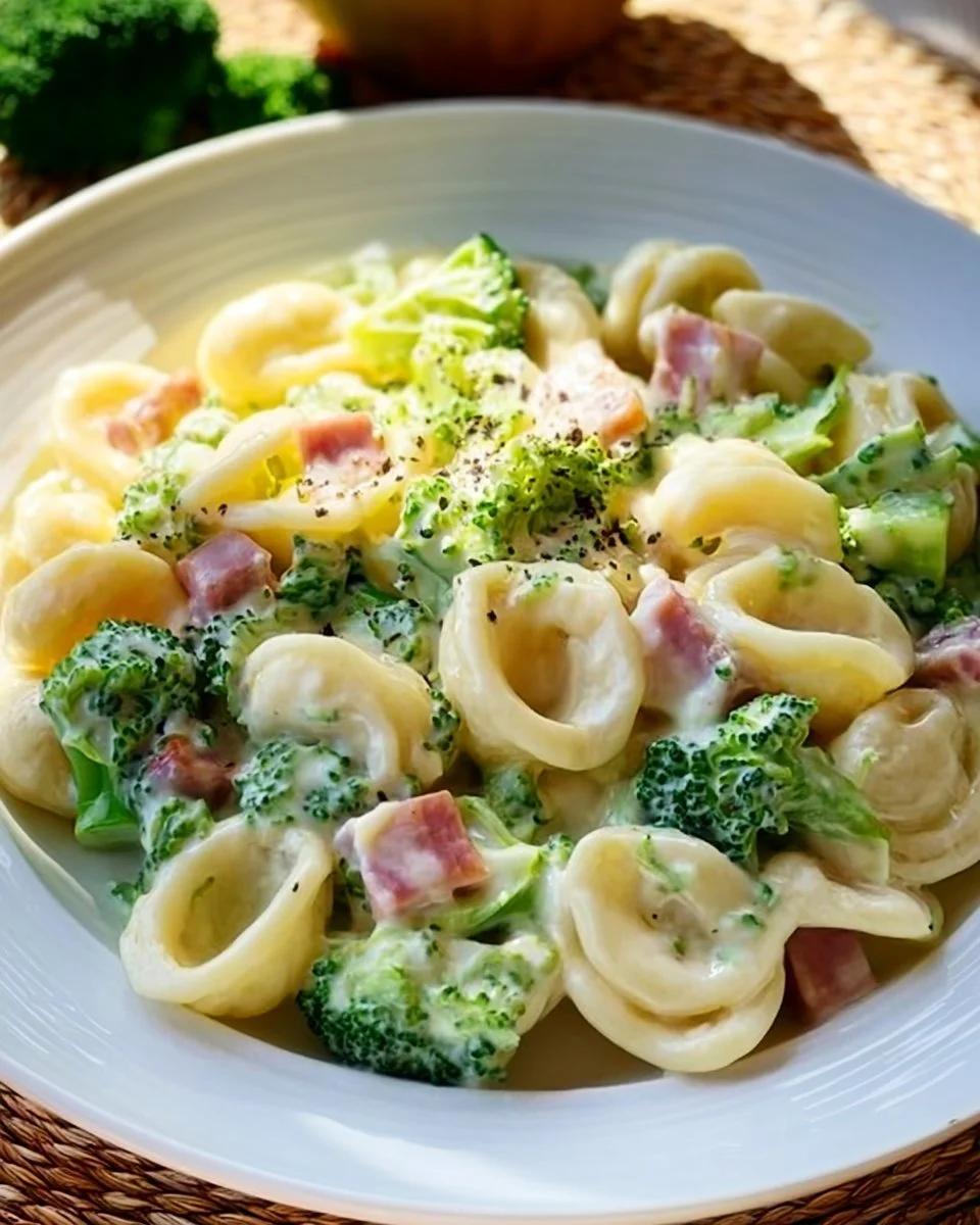 Leckere Brokkoli Schinken Pasta mit frischen Zutaten serviert