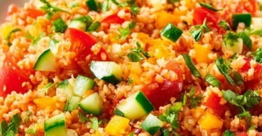 Bowl mit frischem Bulgursalat, garniert mit Gemüse und Kräutern