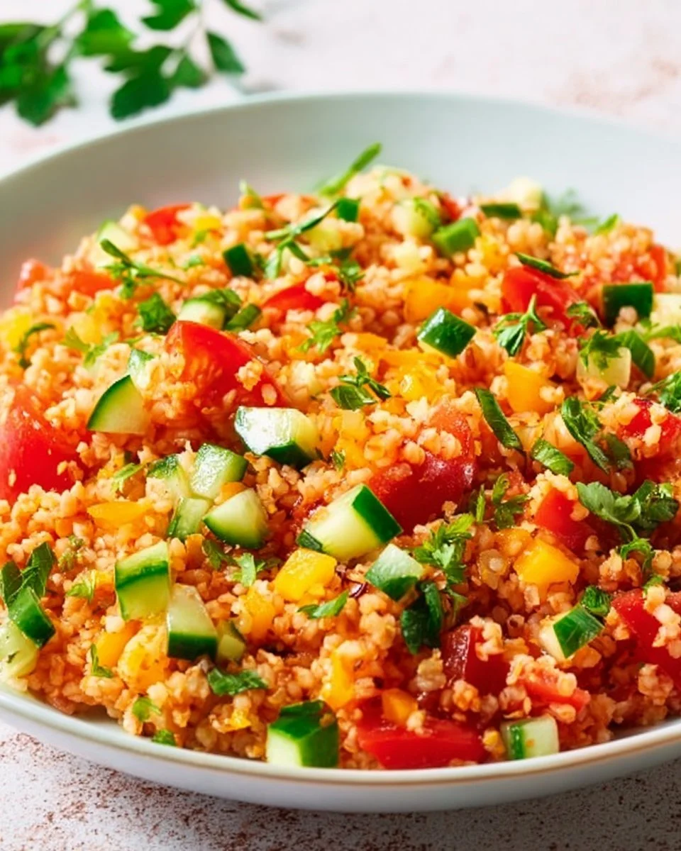 Bowl mit frischem Bulgursalat, garniert mit Gemüse und Kräutern