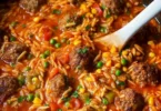 Bunte Orzo-Pfanne mit Hackbällchen und frischem Gemüse auf einem Teller